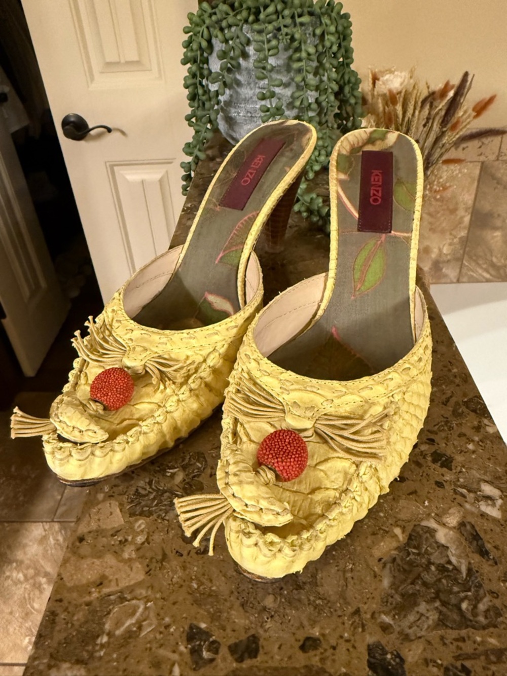 Kenzo Yellow Braided Slide Mules with Red Beaded Tassel
